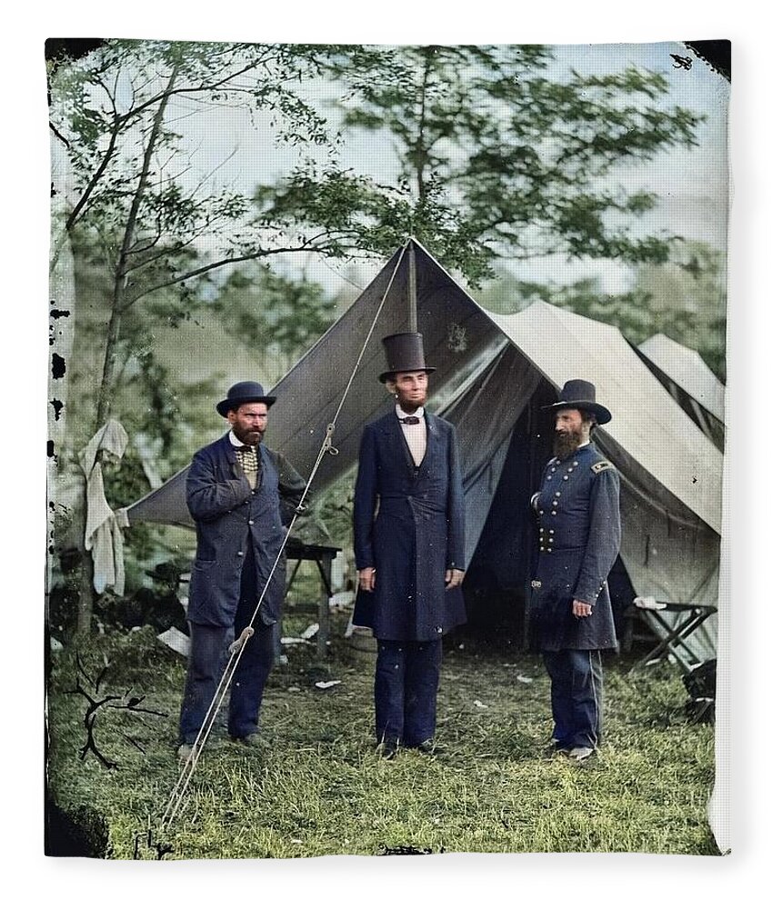Colorized Fleece Blanket featuring the painting Battle of Antietam, Md. Allan Pinkerton, President Lincoln, and Maj. Gen. John A. McClernand 1862. #1 by Celestial Images