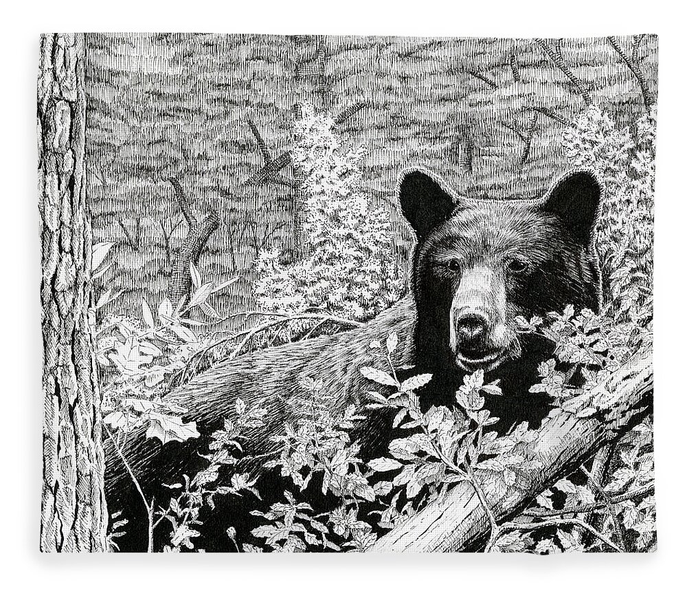 Bear Fleece Blanket featuring the drawing Black Bear Boar #1 by Timothy Livingston
