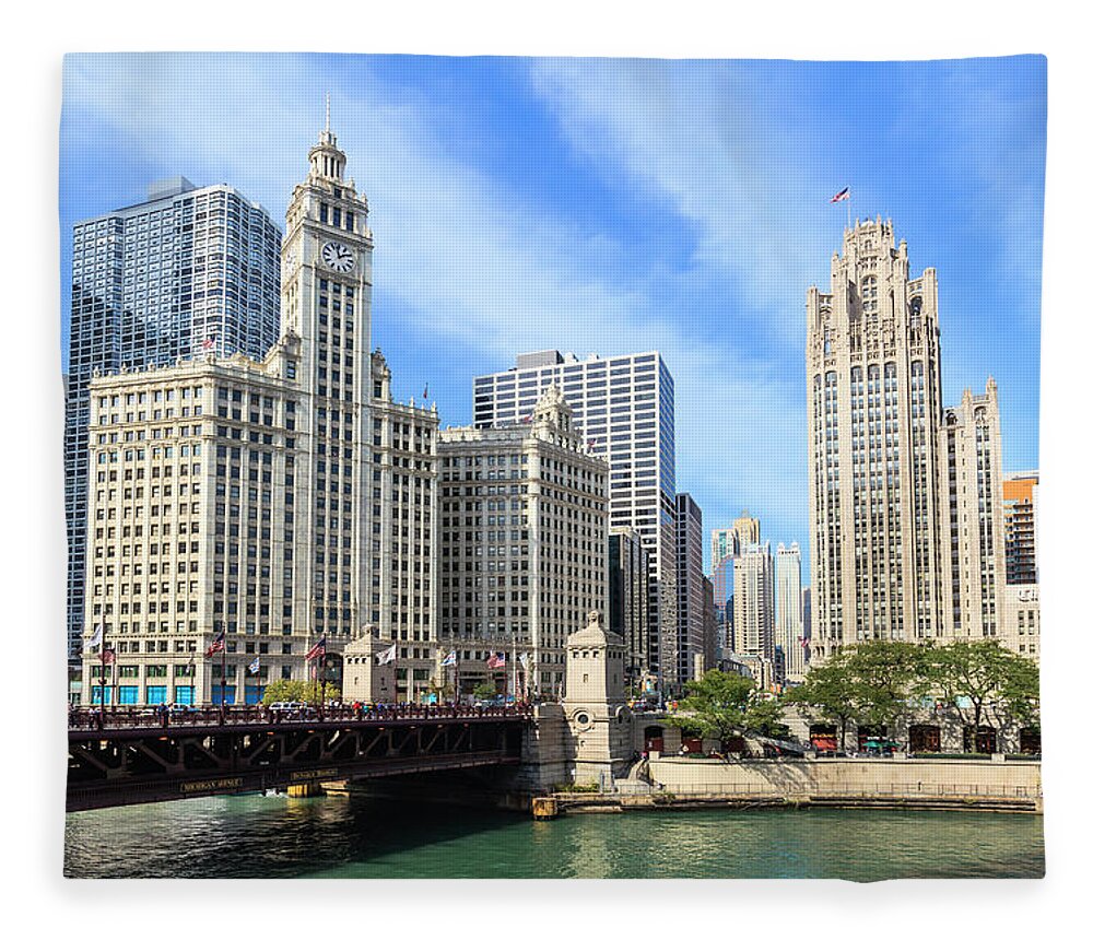 Downtown District Fleece Blanket featuring the photograph Buildings By The Chicago River, Chicago #1 by Fraser Hall