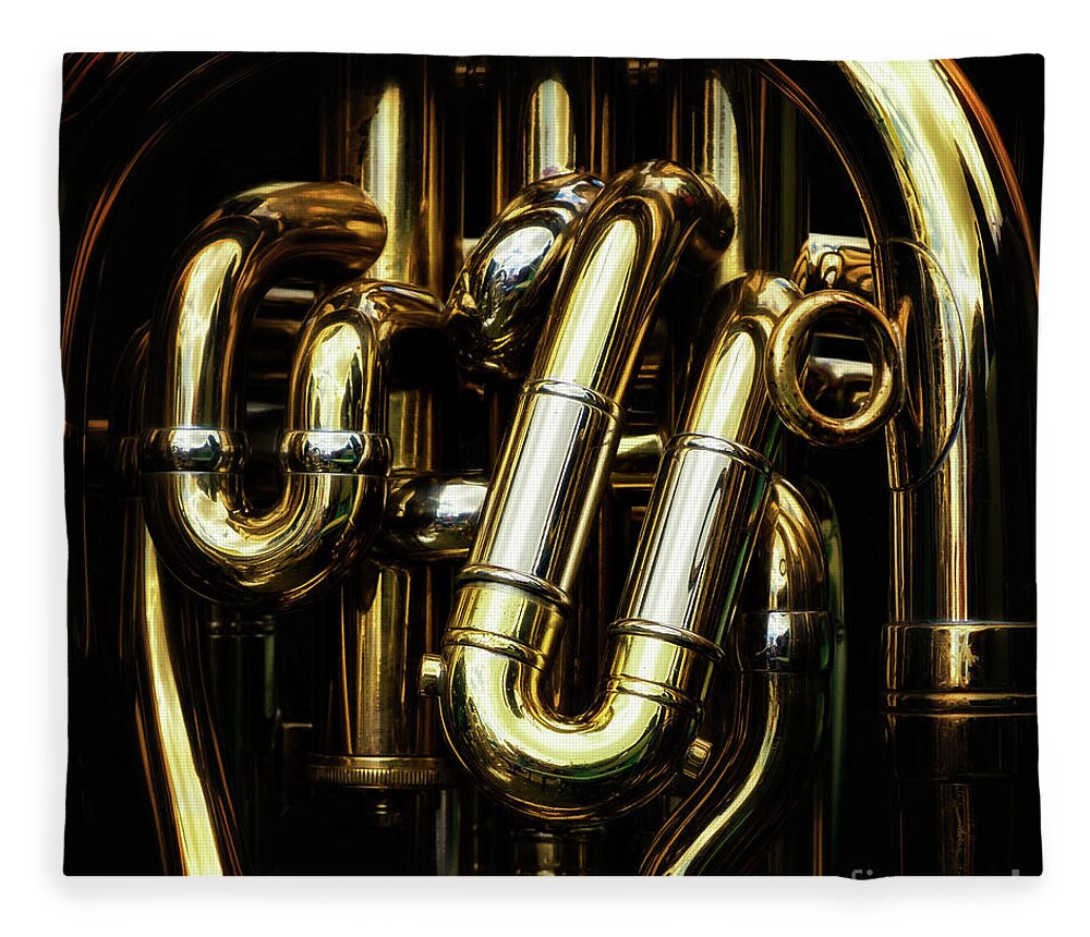 Tuba Fleece Blanket featuring the photograph Detail of the brass pipes of a tuba #1 by Jane Rix