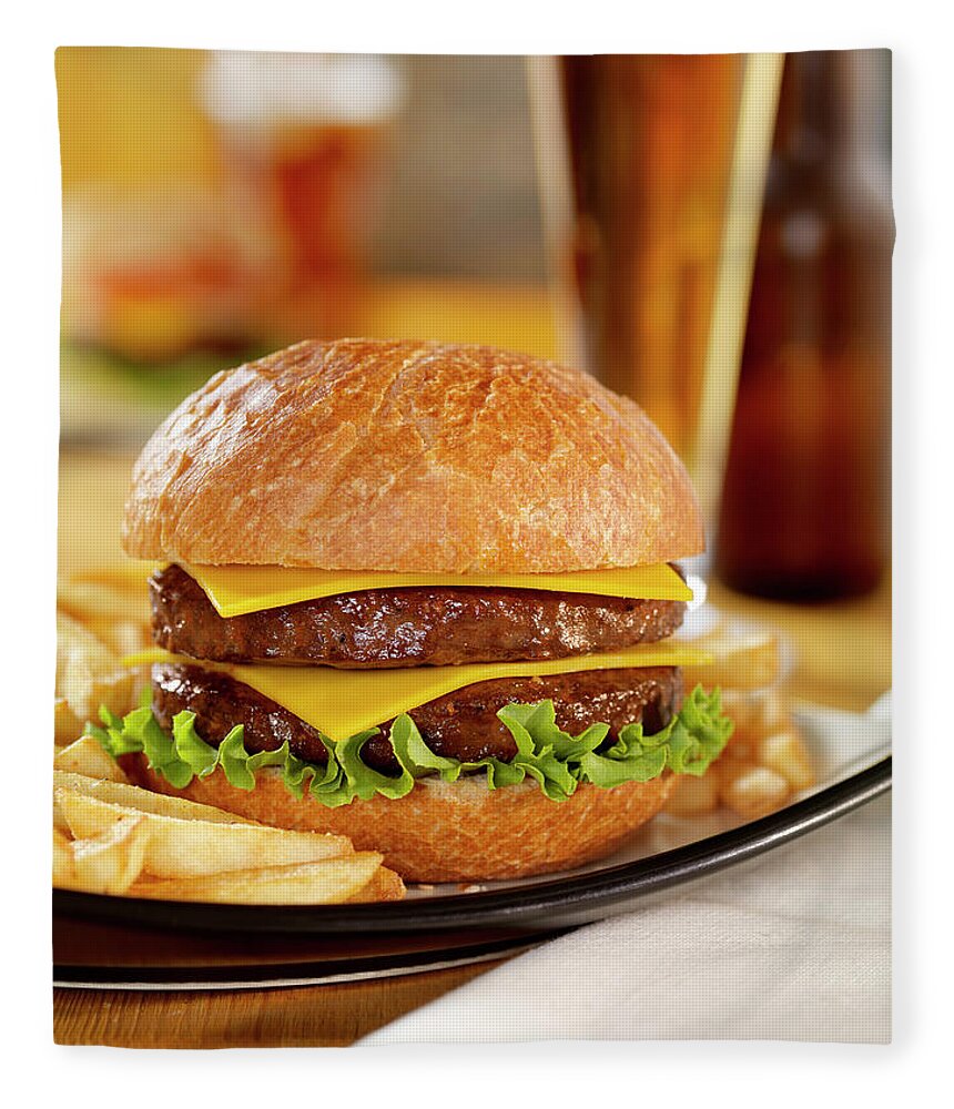 Pub Food Fleece Blanket featuring the photograph Double Cheeseburger With A Beer #1 by Lauripatterson