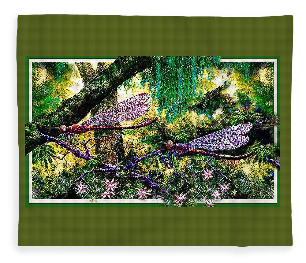 Dragonfly Fleece Blanket featuring the mixed media Dragonflies #1 by Hartmut Jager