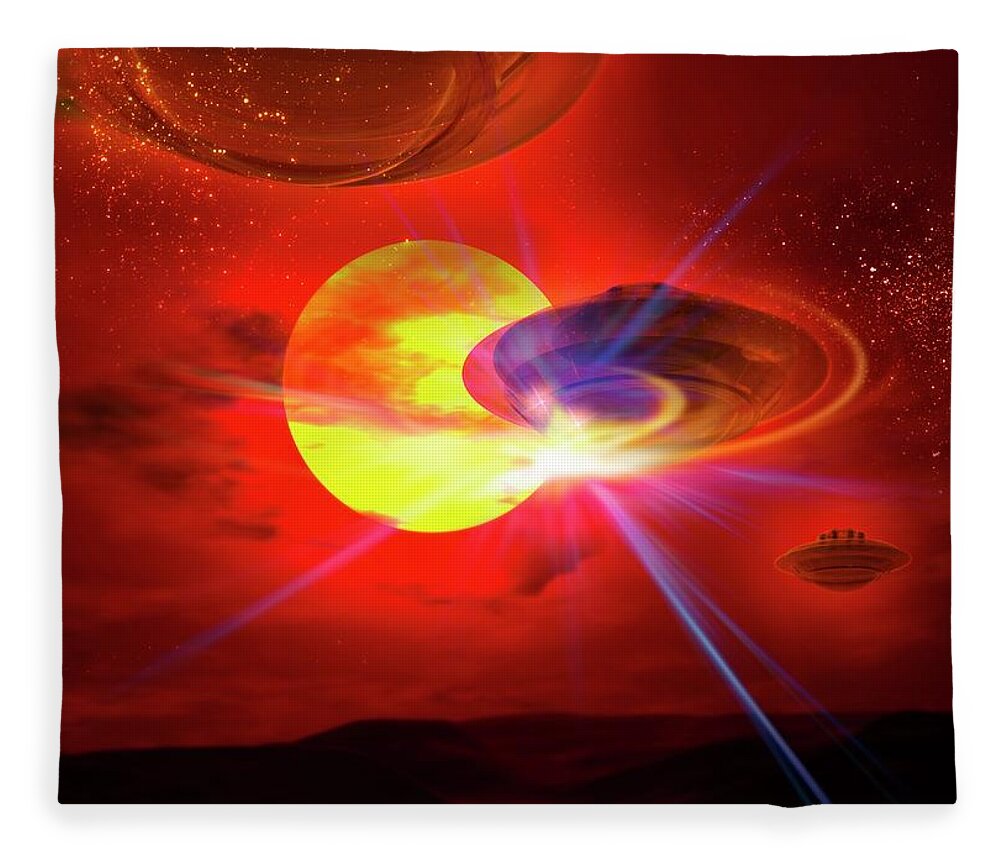 Mid-air Fleece Blanket featuring the digital art Flying Saucers, Artwork #1 by Victor Habbick Visions