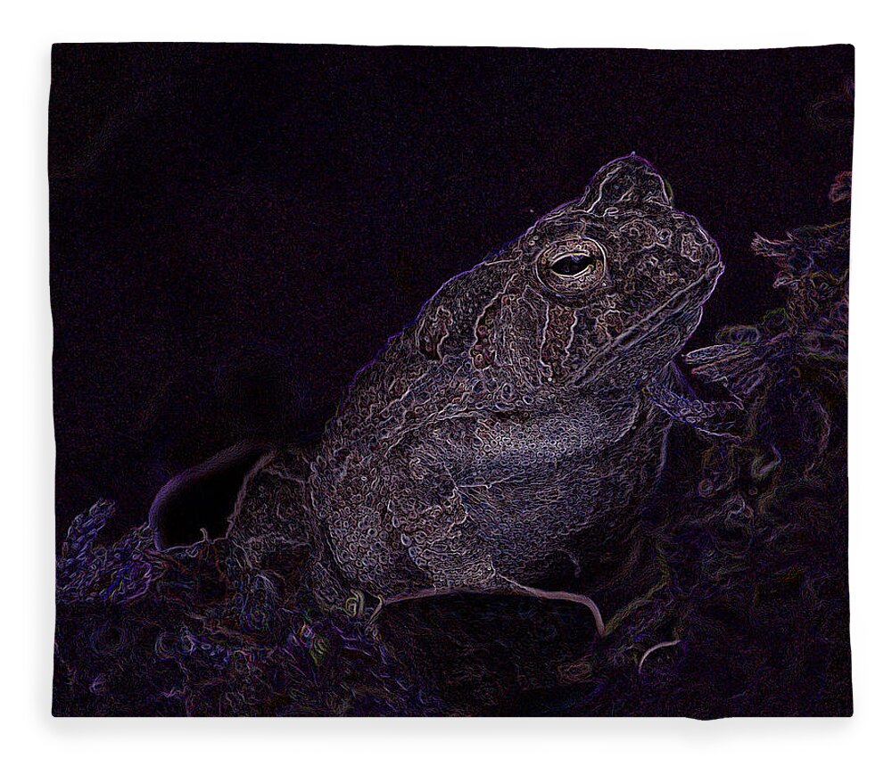 Frog Fleece Blanket featuring the mixed media Frog Prince of The Moss Neon by Lesa Fine