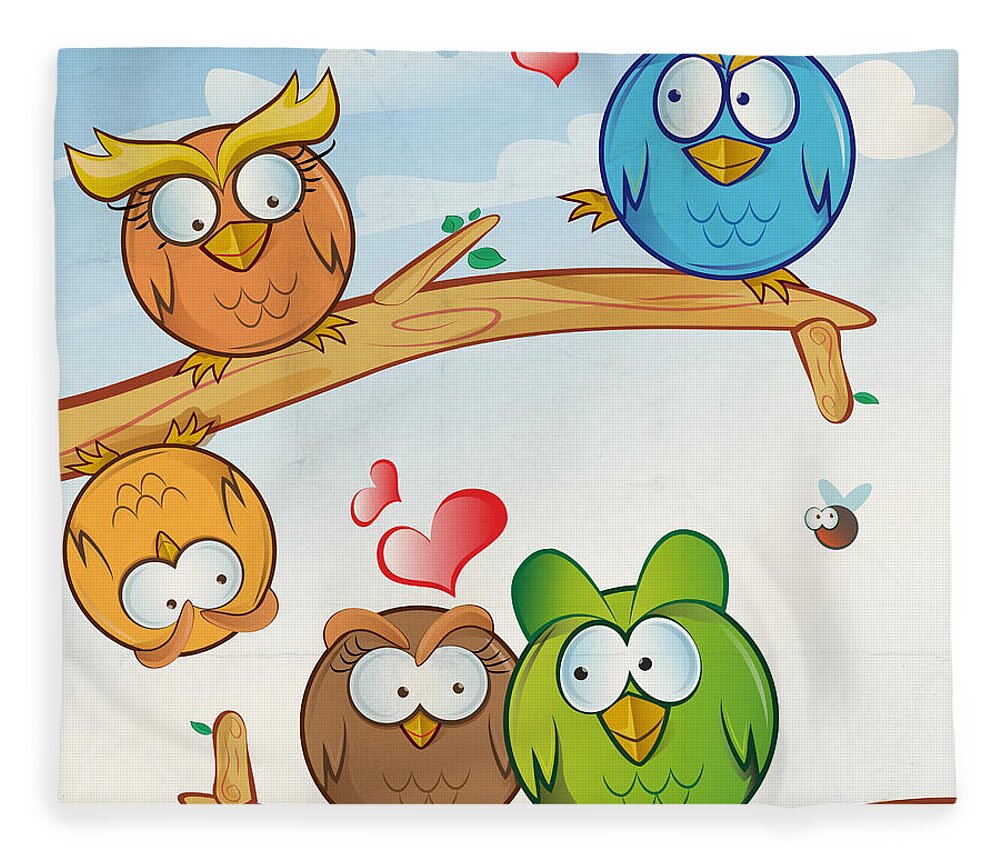 Funny Owl Group Cartoon On Tree Fleece Blanket by Domenico Condello - Pixels