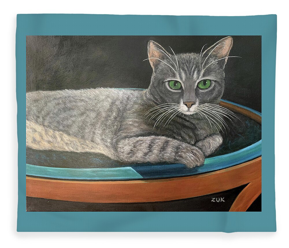 Karen Zuk Rosenblatt Art And Photography Fleece Blanket featuring the painting Grey Tabby Cat by Karen Zuk Rosenblatt