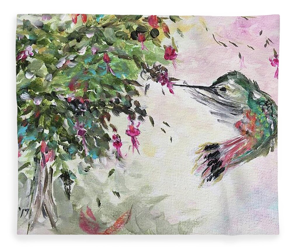 Hummingbird Fleece Blanket featuring the painting Hummingbird with Fuchsias by Roxy Rich