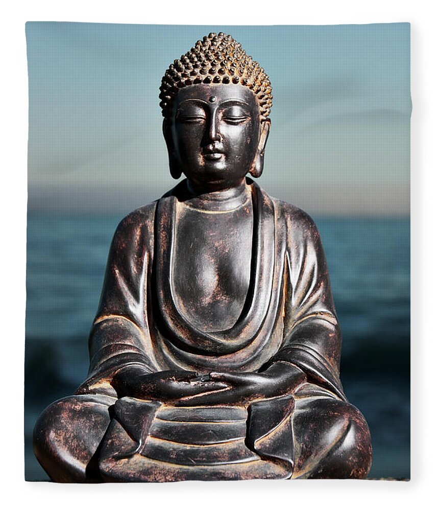 Water's Edge Fleece Blanket featuring the photograph Japanese Buddha Statue At Ocean Shore by Wesvandinter