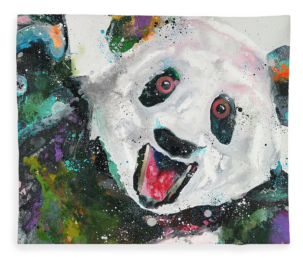 Panda Fleece Blanket featuring the painting Pandamonium by Kasha Ritter