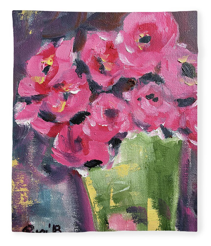 Roses Fleece Blanket featuring the painting Pink Roses in a Green Bucket by Roxy Rich