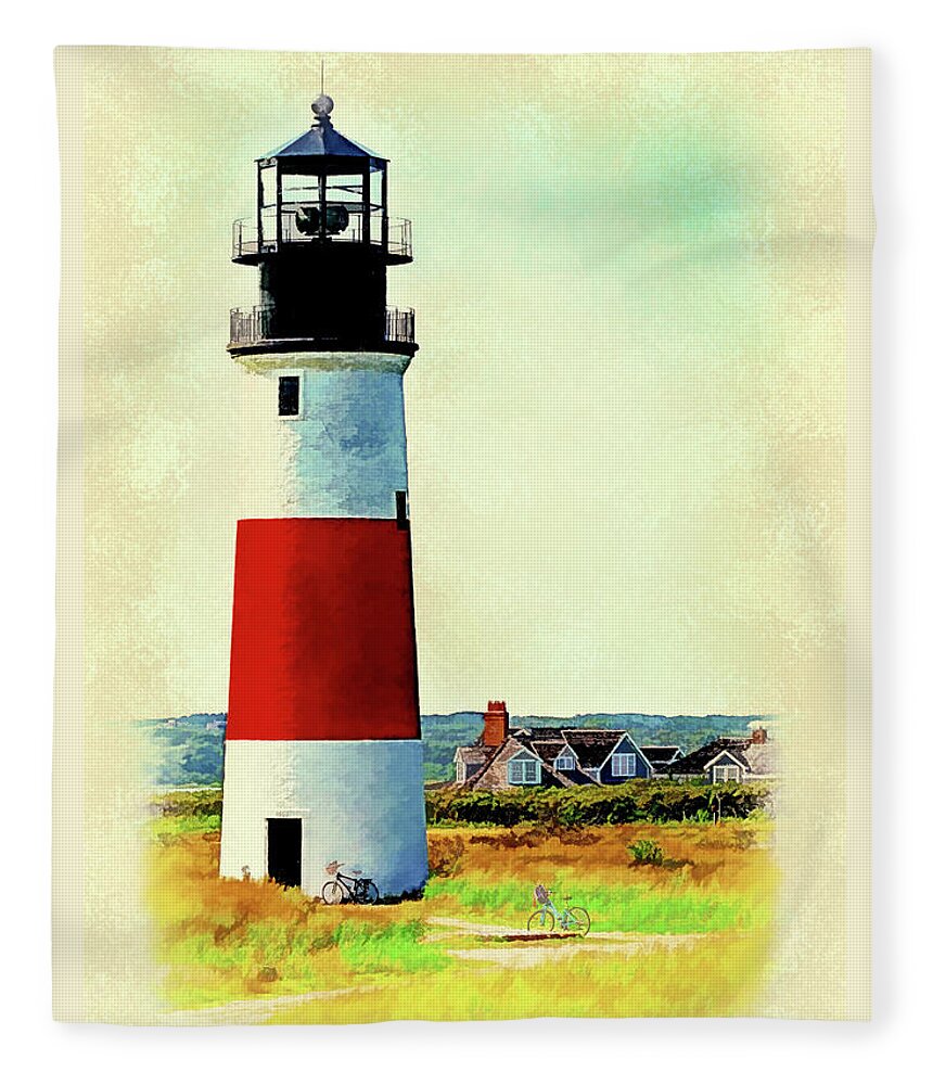 Sankaty Fleece Blanket featuring the digital art Sankaty Lighthouse-Nantucket #2 by Barry Wills