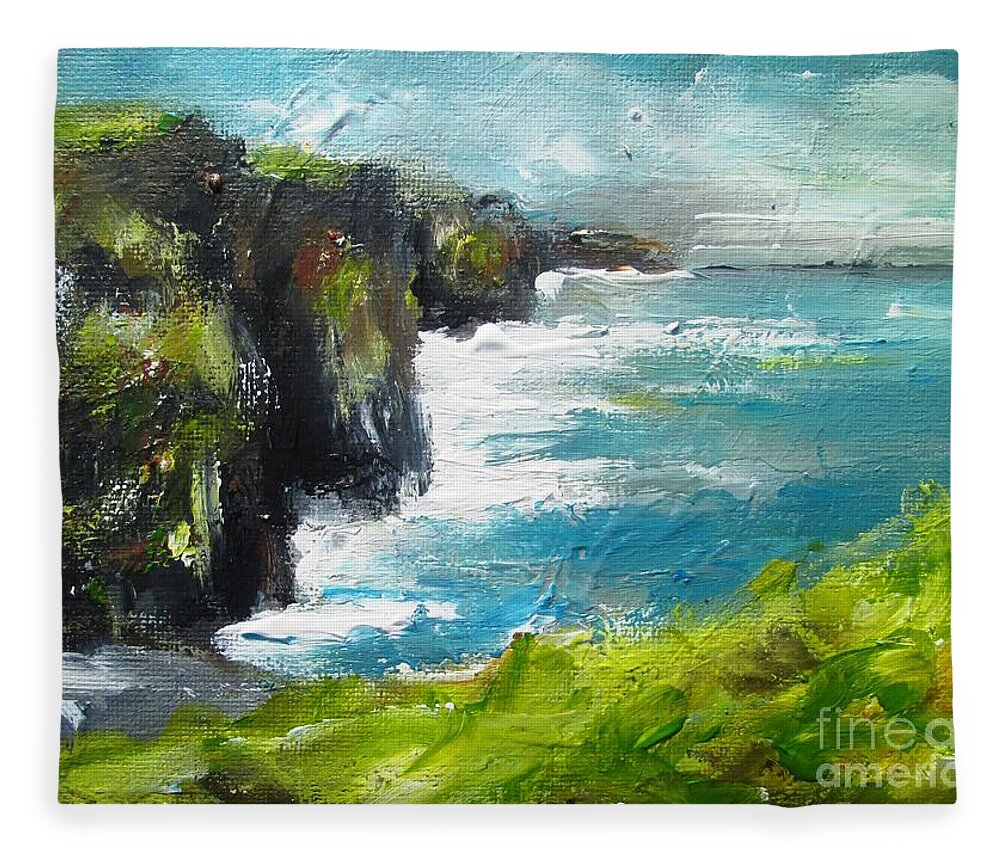 Moher Cliffs Fleece Blanket featuring the painting Painting Of The Cliffs Of Moher County Clare Ireland by Mary Cahalan Lee - aka PIXI