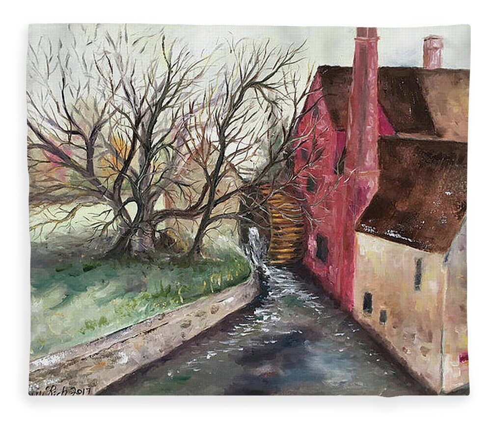 Castle Combe Fleece Blanket featuring the painting The Water Wheel by Roxy Rich