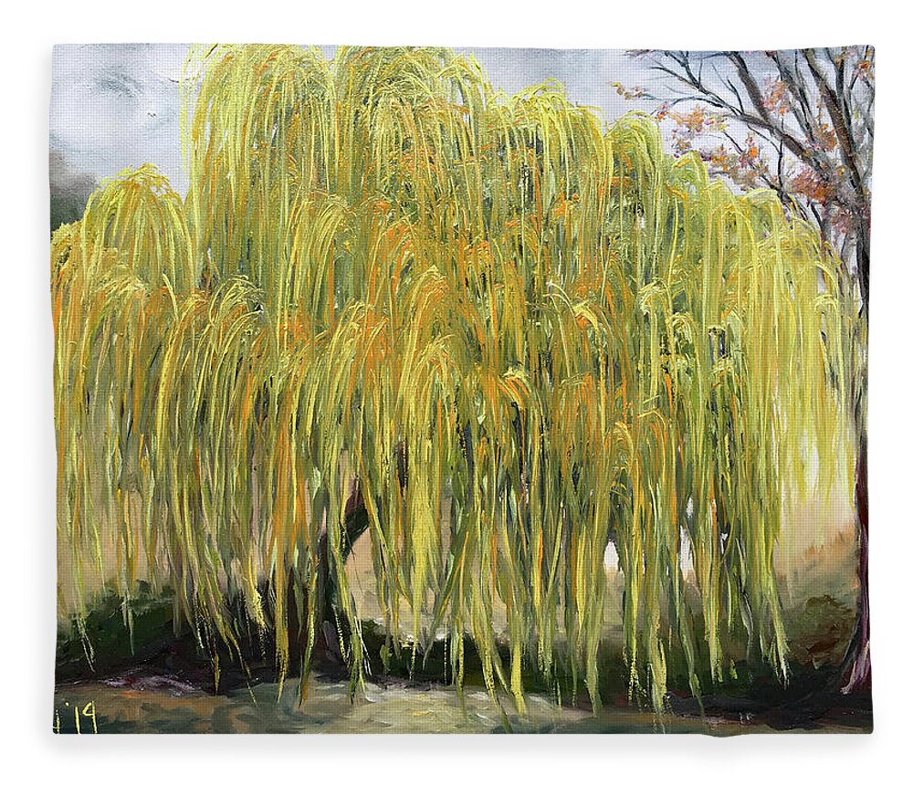 Weeping Willow Fleece Blanket featuring the painting The Willow Tree #1 by Roxy Rich