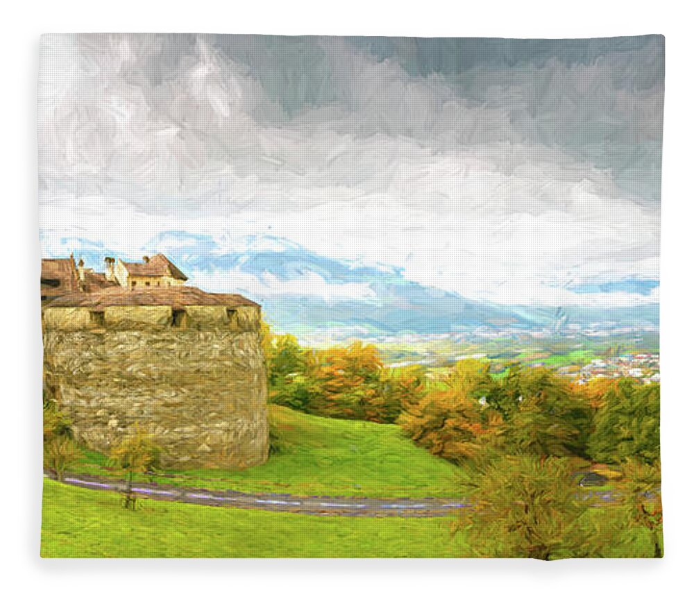 Architecture Fleece Blanket featuring the digital art Vaduz Castle, Leichtenstein by Rick Deacon