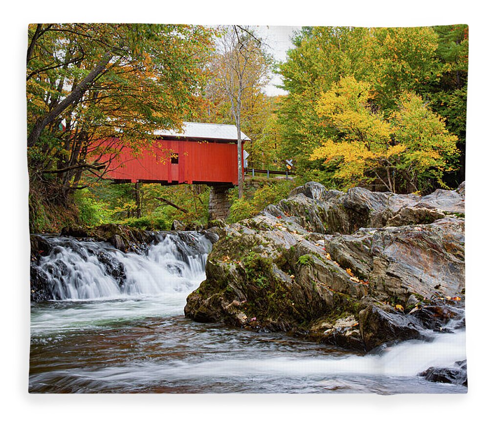 Slaughterhouse Covered Bridge Fleece Blanket featuring the photograph Vermont covered bridge in autumn #1 by Jeff Folger