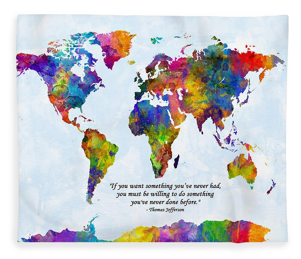 World Map Fleece Blanket featuring the digital art Watercolor World Map Custom Text Added #1 by Michael Tompsett