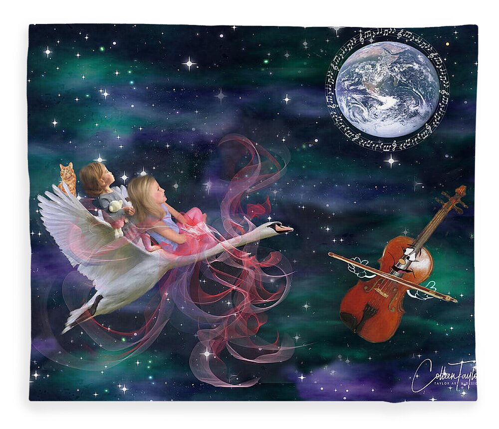 Children's Paintings Fleece Blanket featuring the mixed media We're Off on a Journey by Colleen Taylor