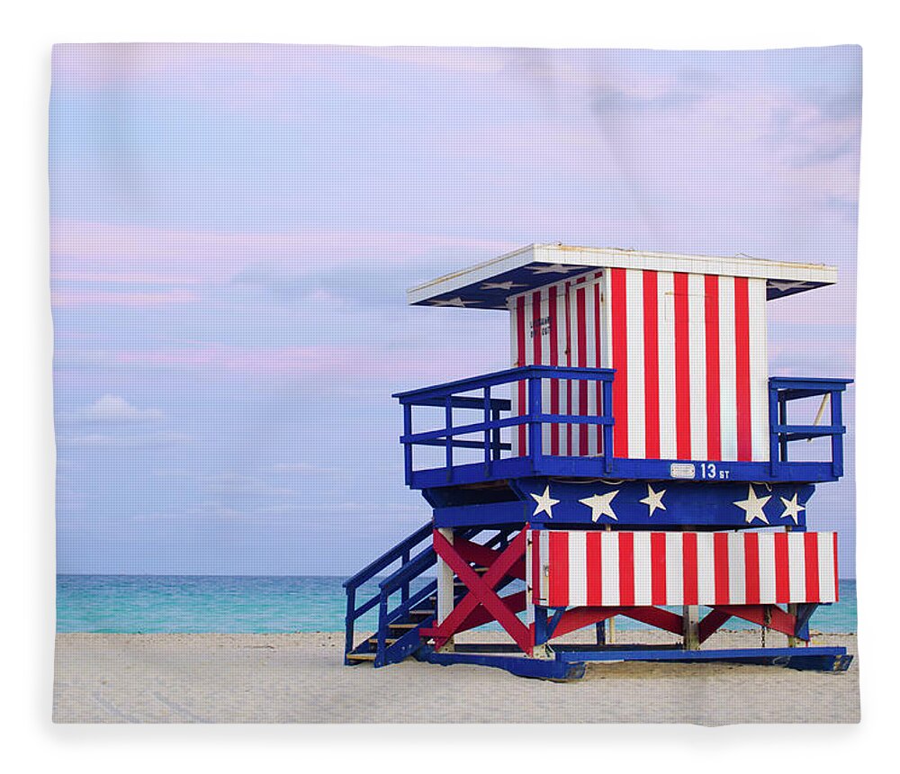 Beach Hut Fleece Blanket featuring the photograph 13th Street Lifeguard Hut In Miami by Gregobagel