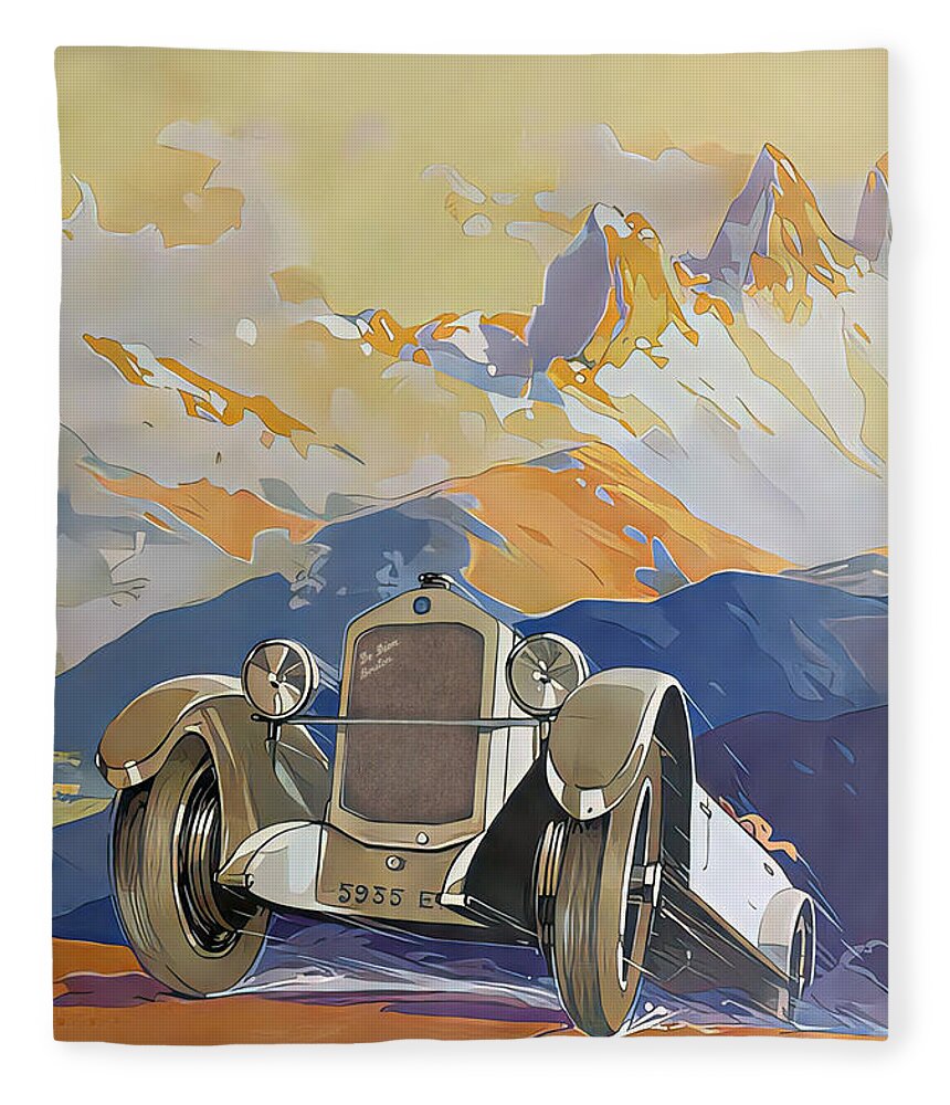 Vintage Fleece Blanket featuring the mixed media 1926 Touring Car At Speed On Mountain Road Original French Art Deco Illustration by Retrographs