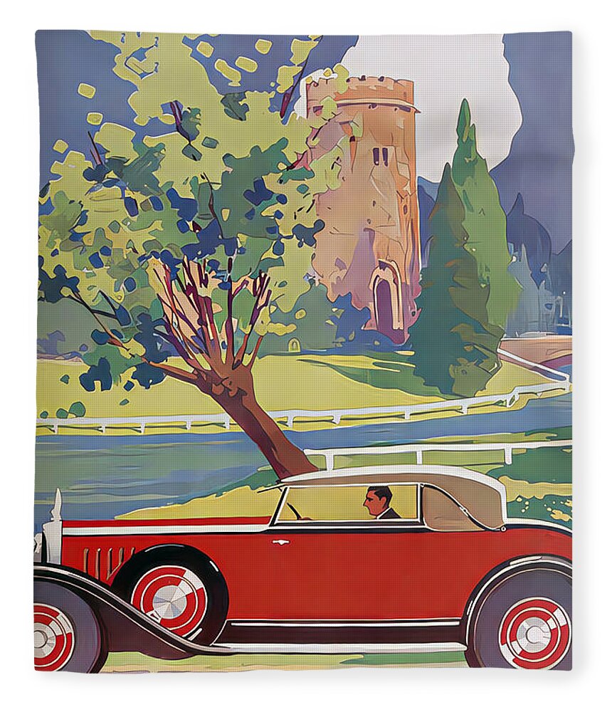 Vintage Fleece Blanket featuring the mixed media 1929 Voison Coupe With Driver In Country Setting Original French Art Deco Illustration by Retrographs