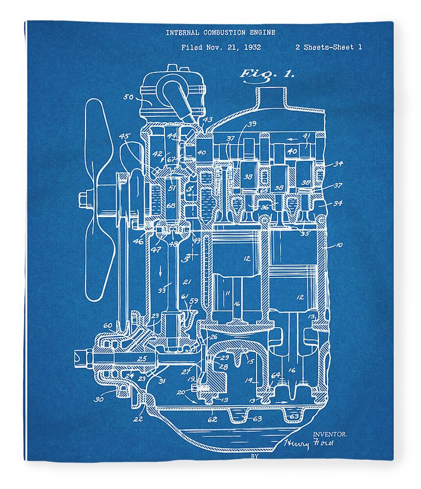 Henry Ford Fleece Blanket featuring the drawing 1932 Henry Ford Engine Patent Print Blueprint by Greg Edwards