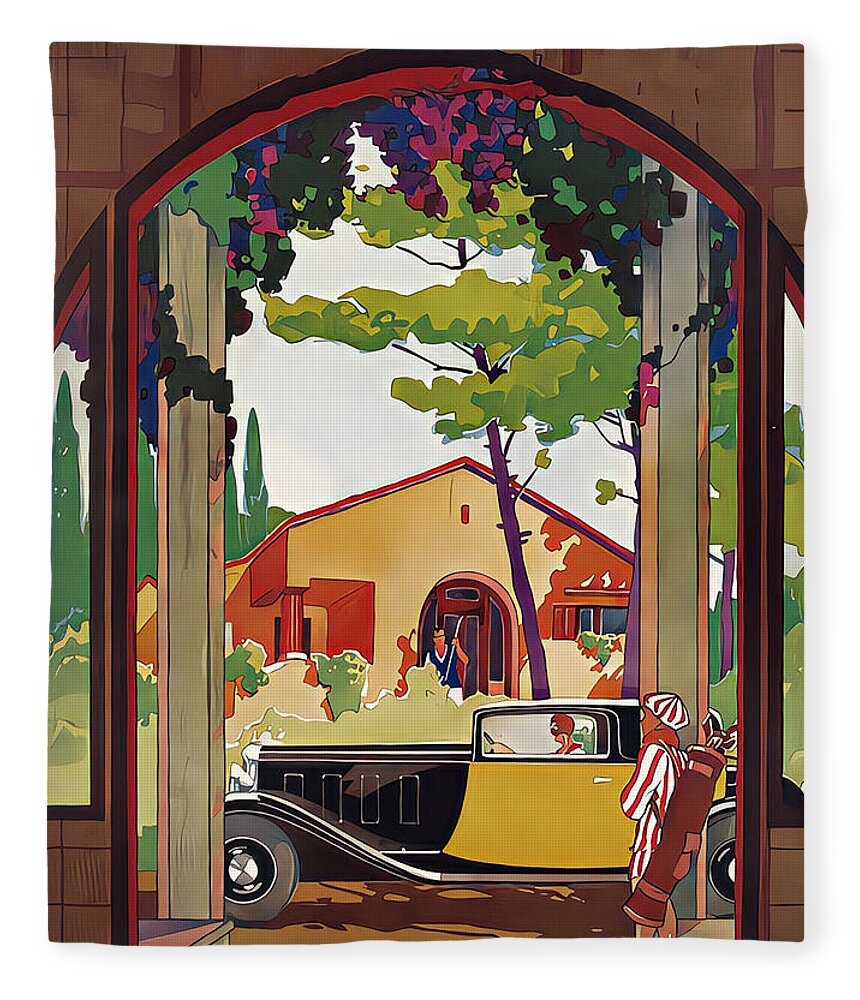 Vintage Fleece Blanket featuring the mixed media 1933 Coupe With Woman Driver And Golf Partners Original French Art Deco Illustration by Retrographs