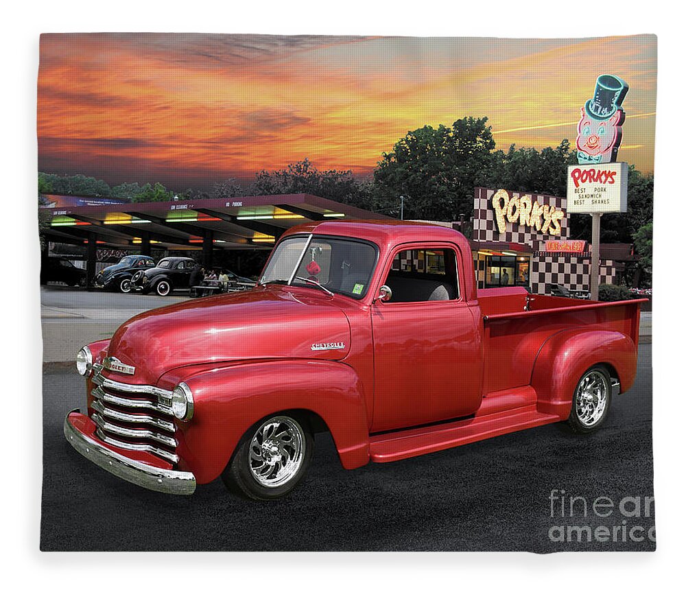 1949 Fleece Blanket featuring the photograph 1949 Chevy Pickup at Porky's Drive-In by Ron Long