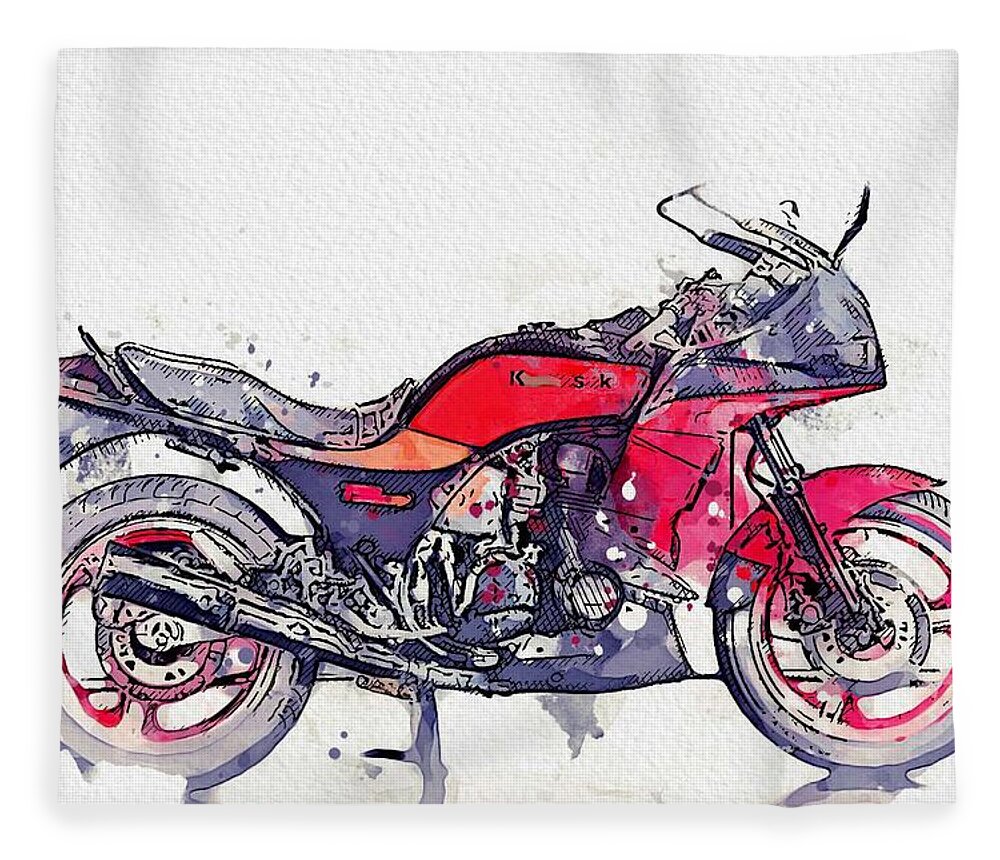 Bicycle Fleece Blanket featuring the painting 1984 Kawasaki GPZ 750 R 4 watercolor by Ahmet Asar by Celestial Images