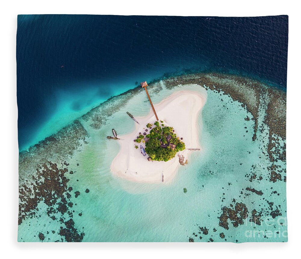 Aerial Fleece Blanket featuring the photograph Aerial drone view of a tropical island, Maldives #2 by Matteo Colombo