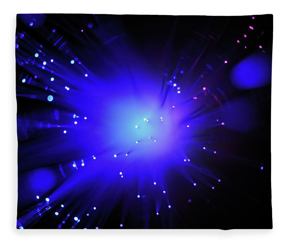 Black Background Fleece Blanket featuring the photograph Blue Light From Fiber Optic #2 by Sami Sarkis