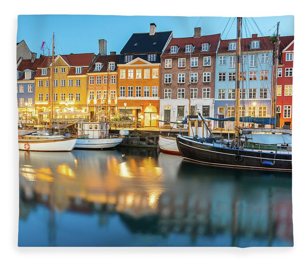 Orange Color Fleece Blanket featuring the photograph Nyhavn, Copenhagen, Denmark by Chrishepburn