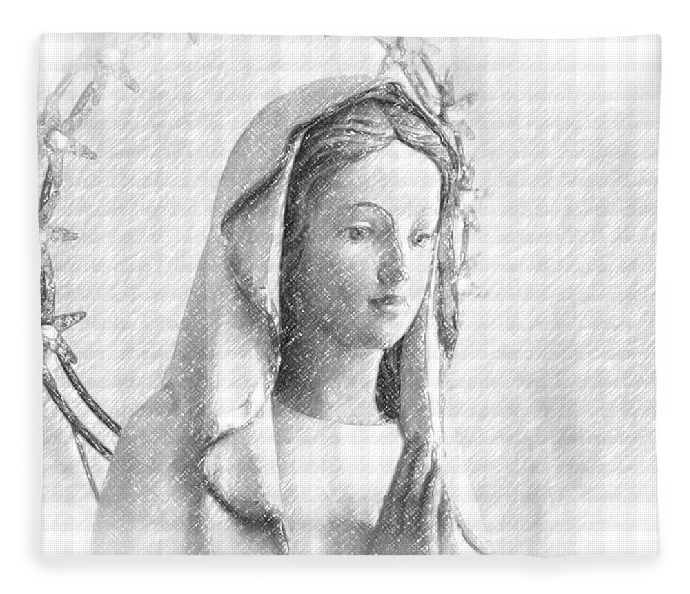 Blessed Virgin Mary Fleece Blanket featuring the photograph pencil sketch with vignette of Blessed Virgin Mary #2 by Vivida Photo PC