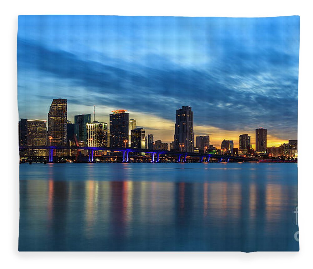 Biscayne Bay Fleece Blanket featuring the photograph Miami Sunset Skyline by Raul Rodriguez