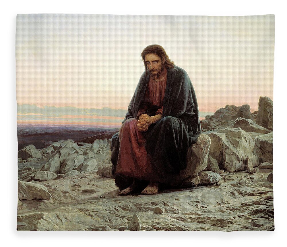 Russian Fleece Blanket featuring the painting Christ in the Wilderness by Ivan Kramskoy