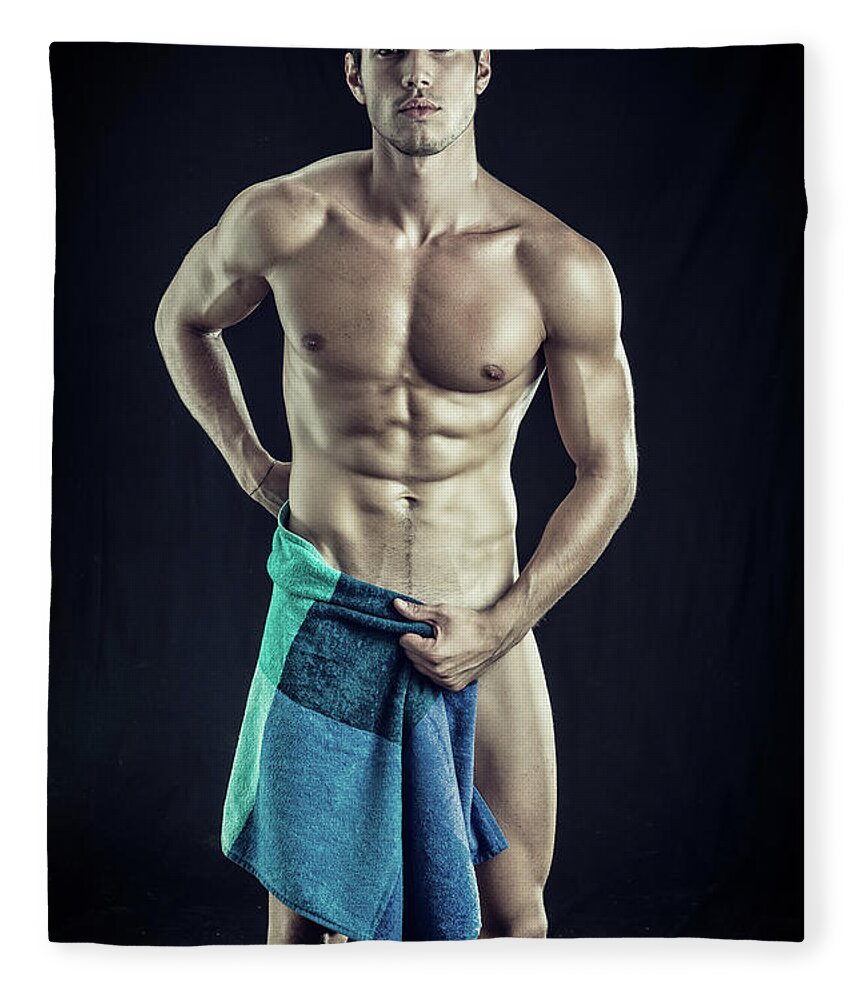 Naked muscular man covering crotch with towel Throw Pillow