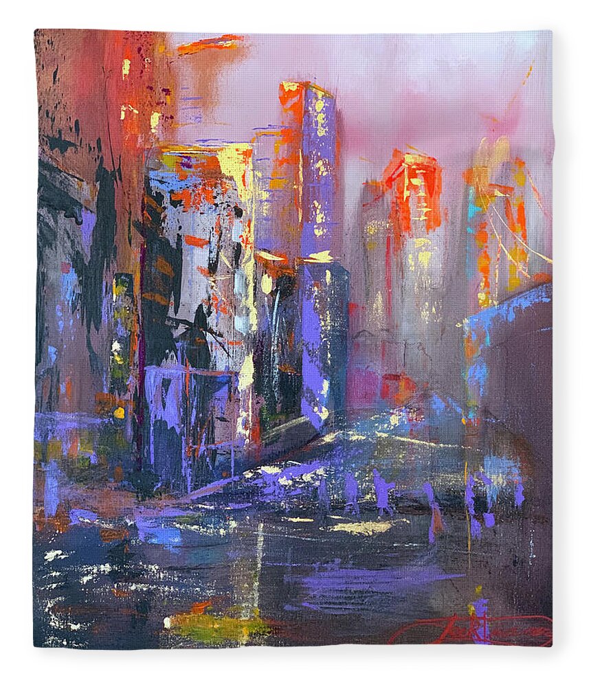 Art Fleece Blanket featuring the painting 59th Street Bridge Sunrise Rain by Jack Diamond