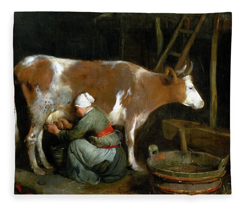Gerard Ter Borch Fleece Blanket featuring the painting A Maid Milking a Cow in a Barn by Audrey Jeanne Roberts