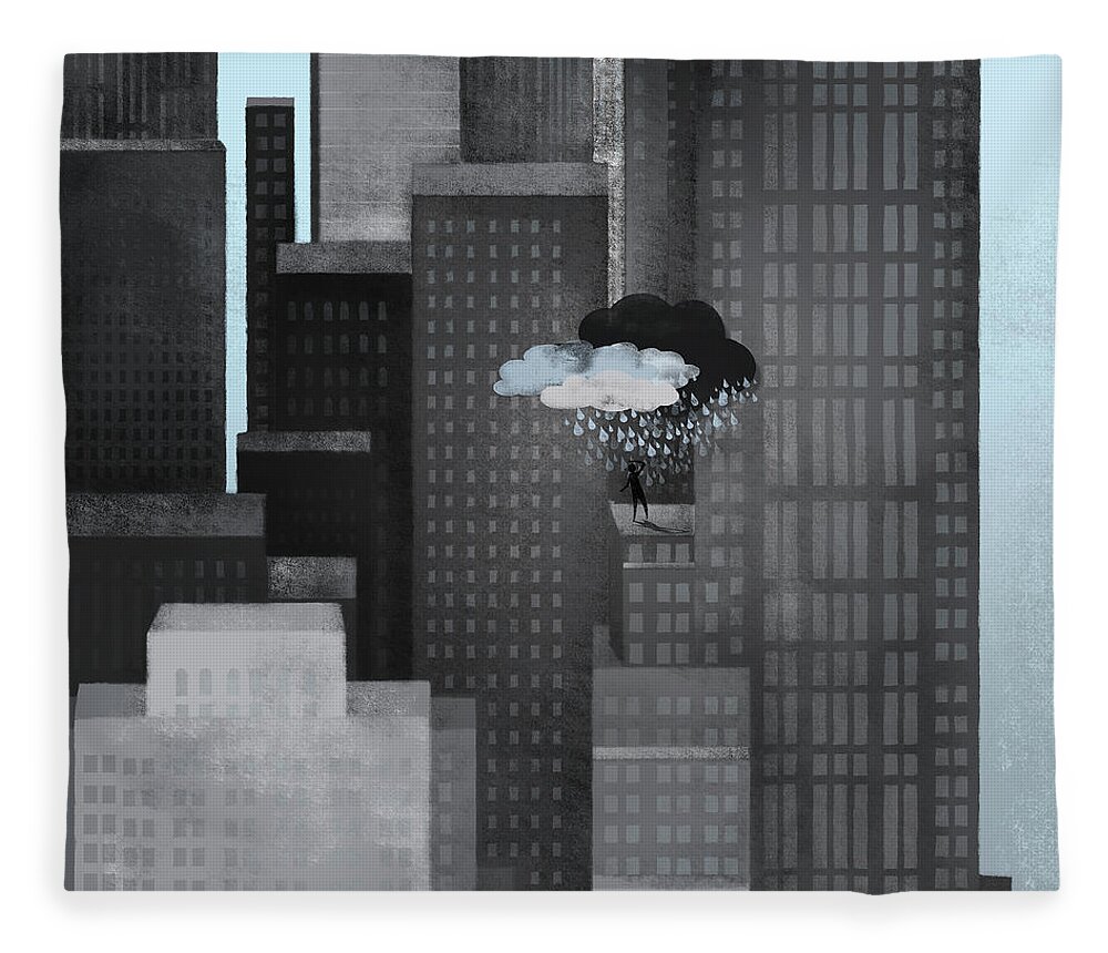 Problems Fleece Blanket featuring the digital art A Person On A Skyscraper Under A Storm by Jutta Kuss