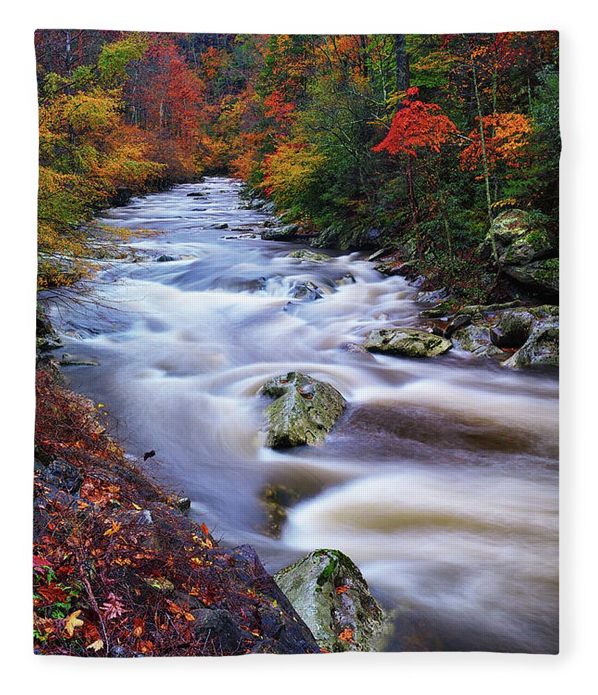 Great Smoky Mountains National Park Fleece Blanket featuring the photograph A River Runs Through Autumn by Greg Norrell