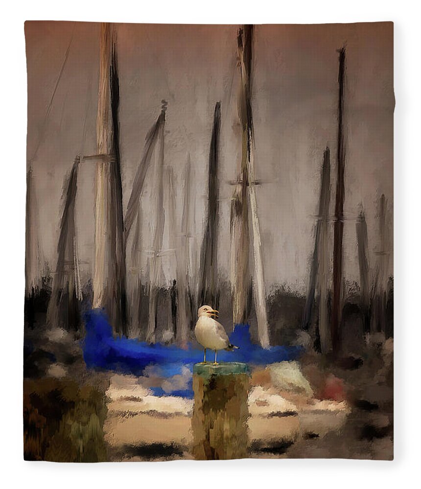Boats Fleece Blanket featuring the digital art A Seagull At Pirates Cove by Lois Bryan