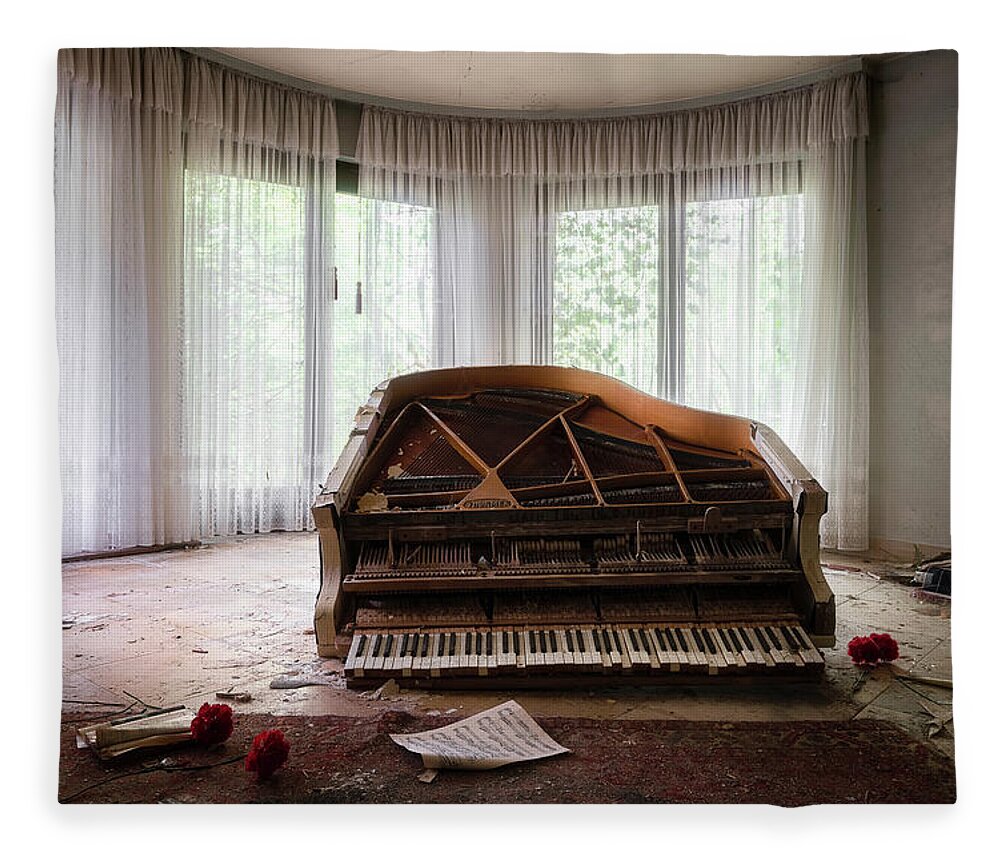 Urban Fleece Blanket featuring the photograph Abandoned Piano with Flowers by Roman Robroek