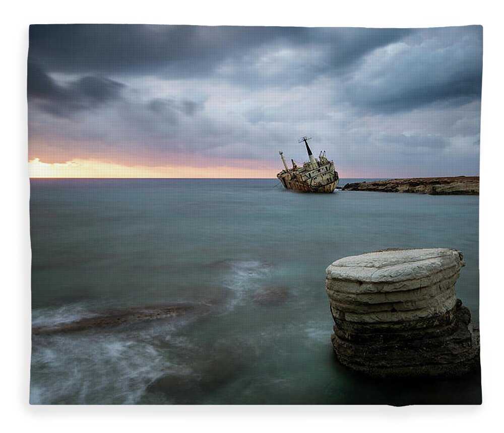 Seascape; Coastline; Sunset; Sundown Fleece Blanket featuring the photograph Abandoned Ship EDRO III Cyprus by Michalakis Ppalis