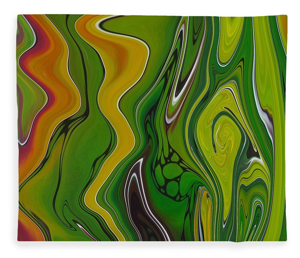 Abstract Fleece Blanket featuring the painting Abstract Art - Colorful Fluid Painting Pattern Green and orange by Patricia Piotrak