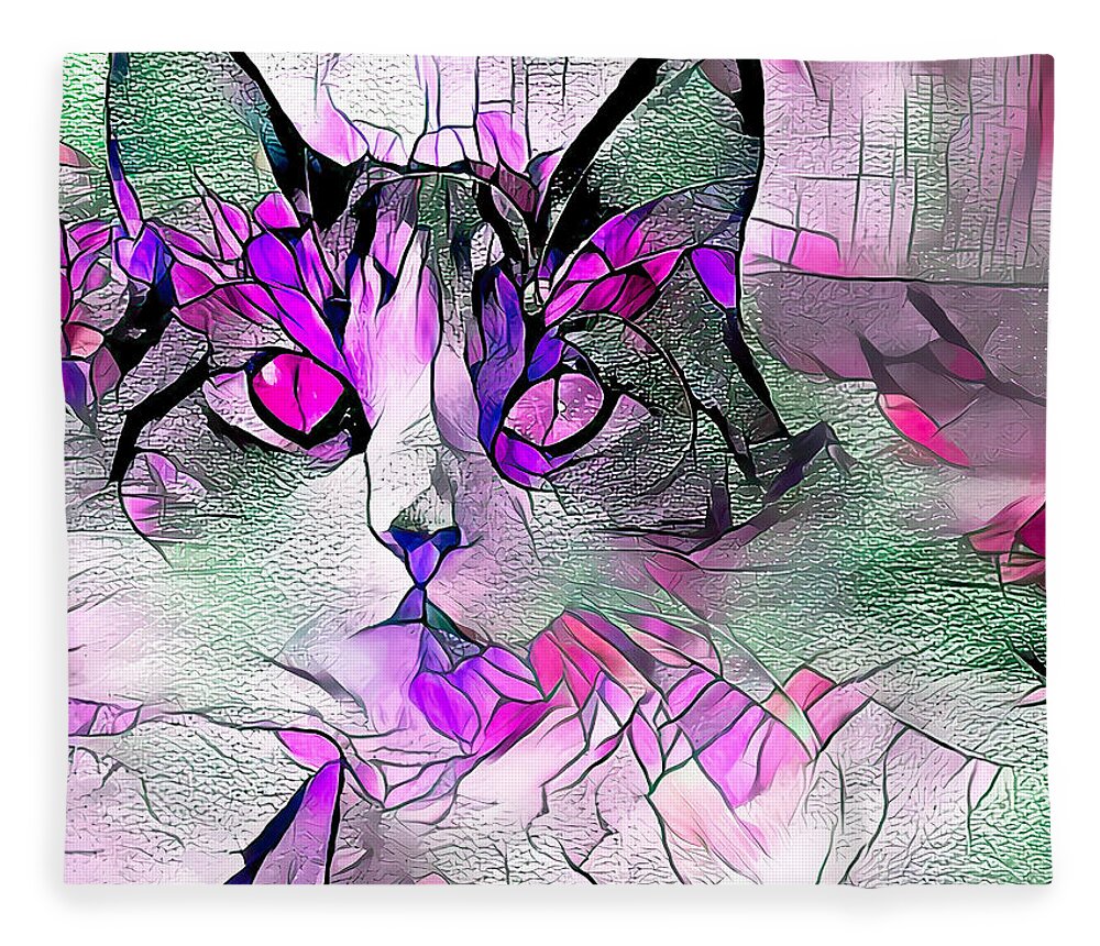 Kitten Fleece Blanket featuring the digital art Abstract Calico Cat Purple Glass by Don Northup