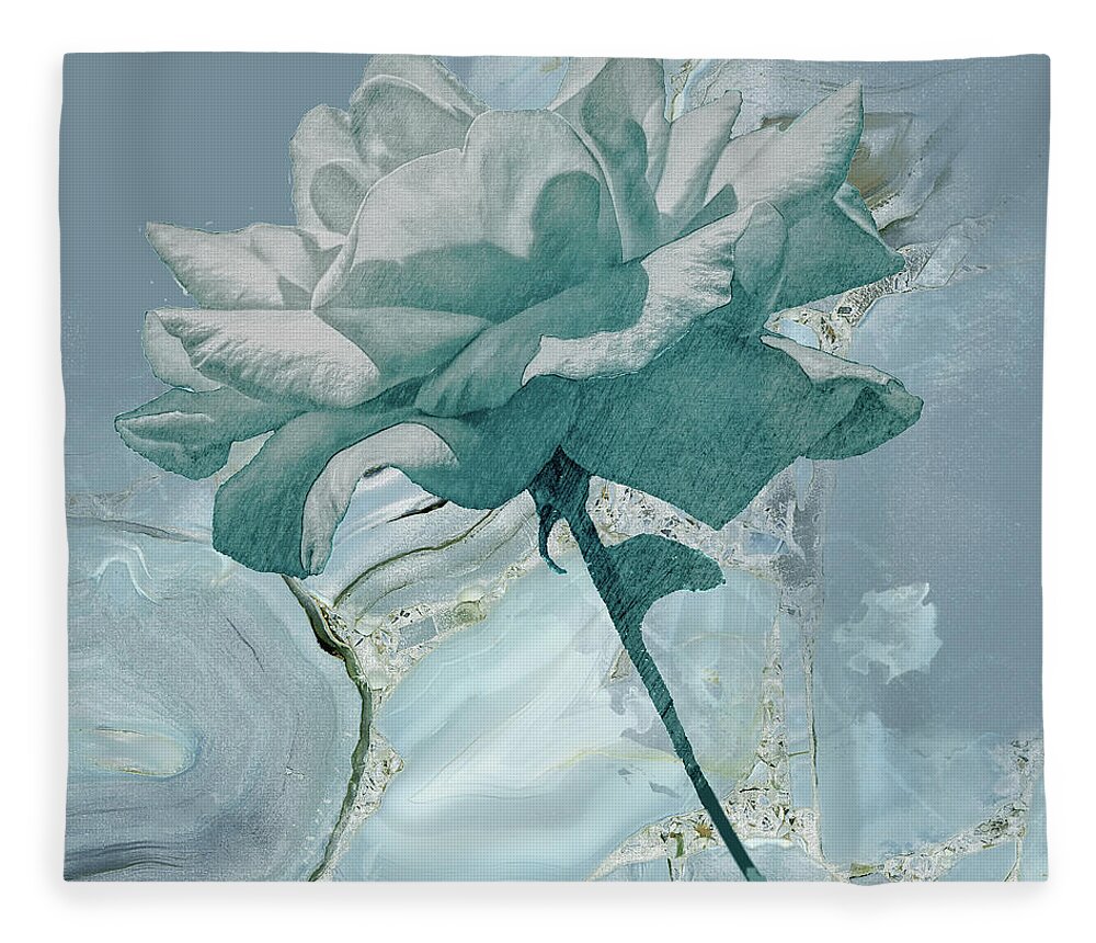 Rose Fleece Blanket featuring the mixed media Abstract Turquoise Rose by Rosalie Scanlon