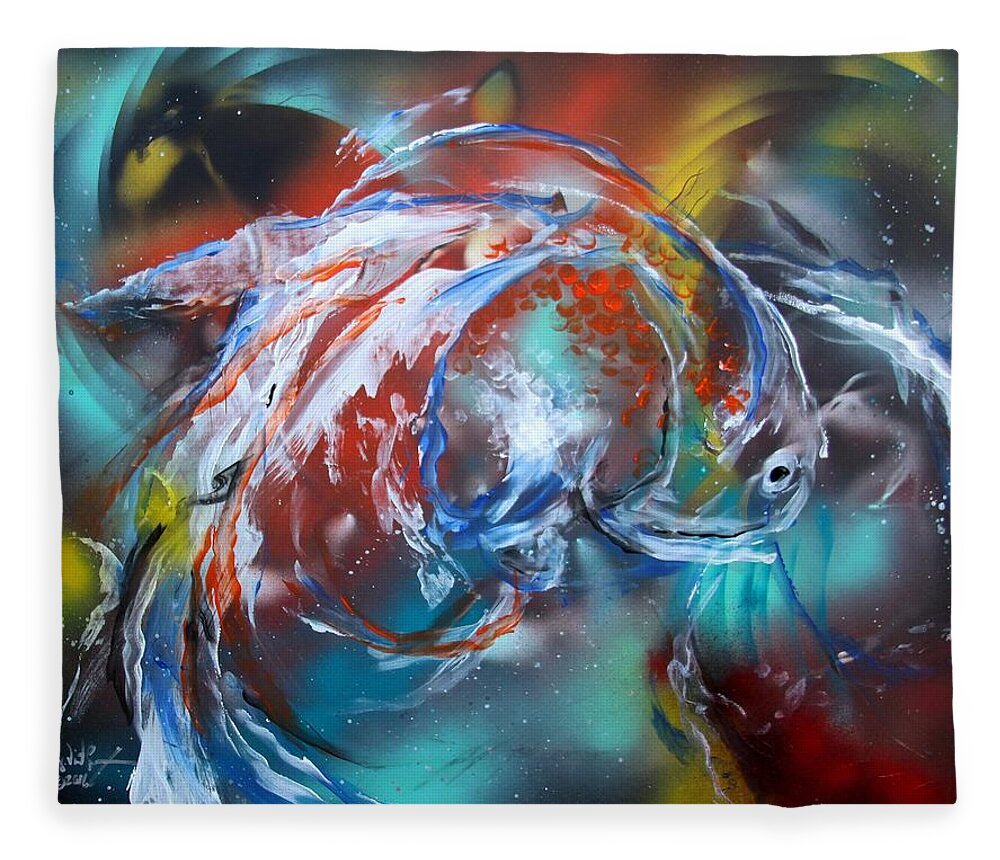 Fish Fleece Blanket featuring the painting Abstract White Tri Fantail Goldfish by J Vincent Scarpace