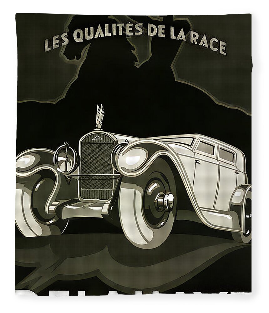 Vintage Fleece Blanket featuring the mixed media Advertisement For 1930 Delahaye Original French Art Deco Illustration by Retrographs