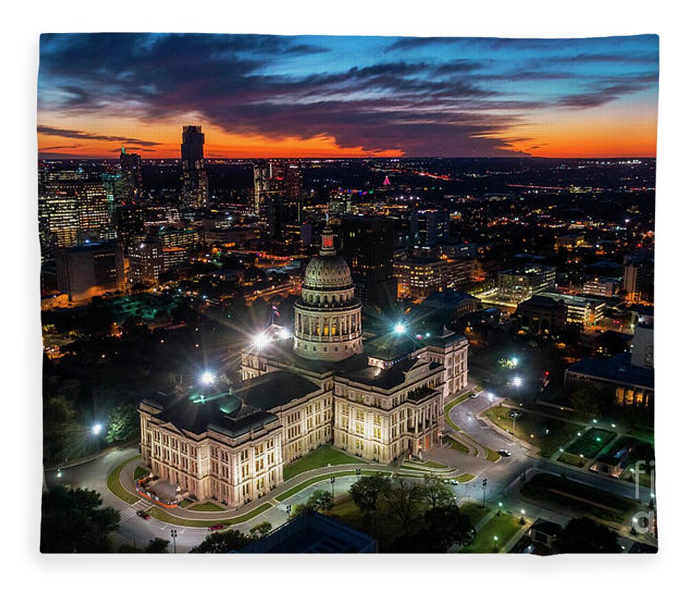 Texas State Capitol Prints Fleece Blanket featuring the photograph Aerial image Texas State Capitol during dramatic sunset by Dan Herron