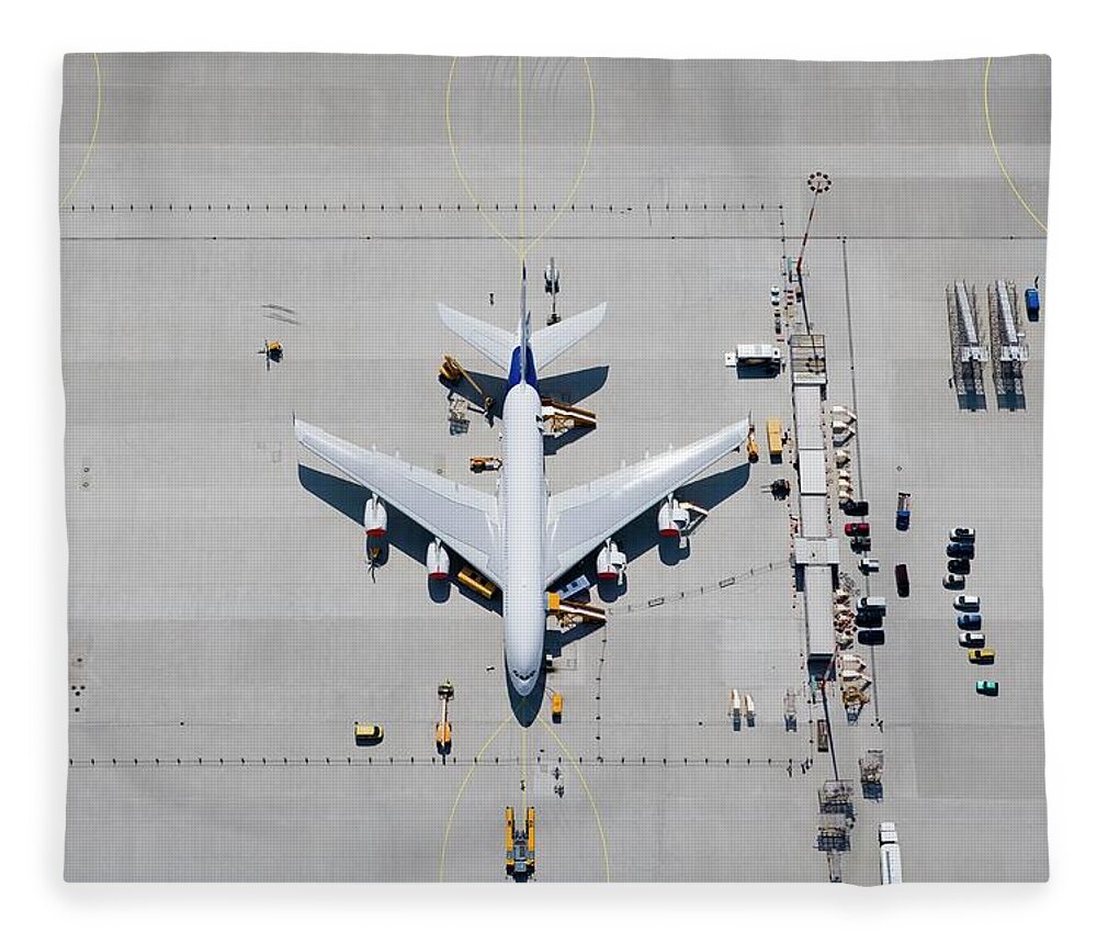 Shadow Fleece Blanket featuring the photograph Aerial View Of Airplane On Tarmac by Stephan Zirwes